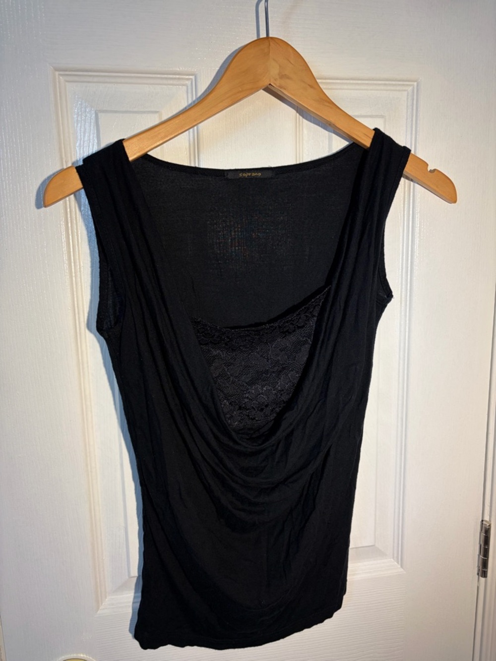 Sleeveless SeeThru Lace Black Drape Front Women's Top